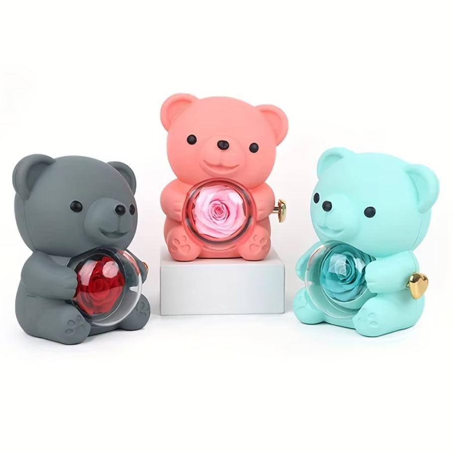 Collar de Corazón Grabado Personalizado - Caja de Oso y Rosa Eterna Púrpura