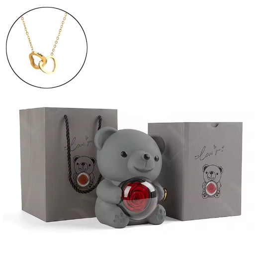 Collier Cœur gravure personnalisée - Coffret Ours & Rose éternelle Gris
