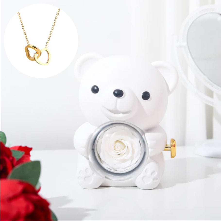 Collier Cœur gravure personnalisée - Coffret Ours & Rose éternelle Blanc