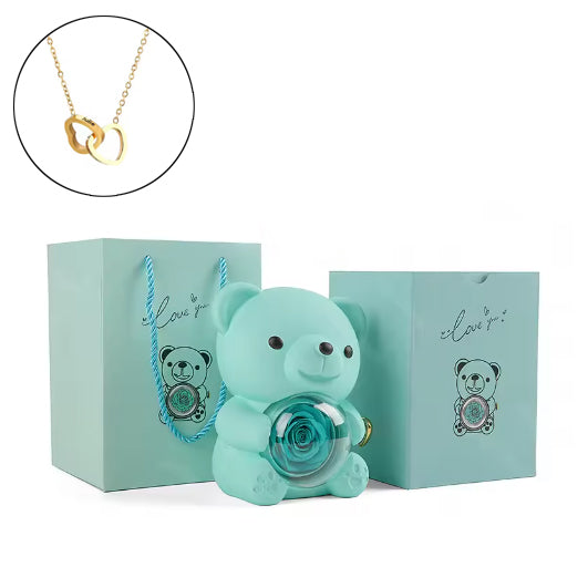 Collier Cœur gravure personnalisée - Coffret Ours & Rose éternelle Bleu
