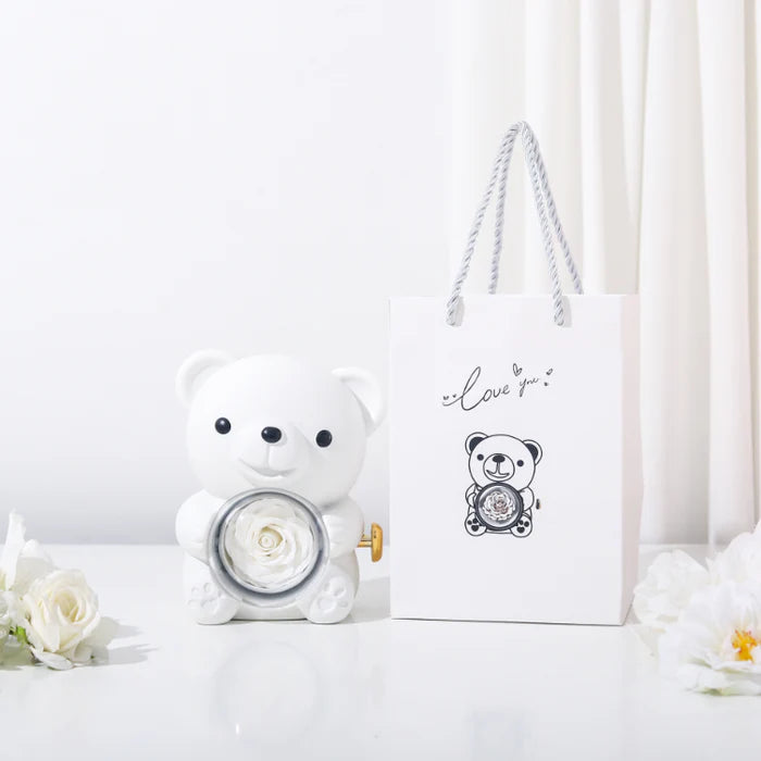 Collier Cœur gravure personnalisée - Coffret Ours & Rose éternelle Blanc