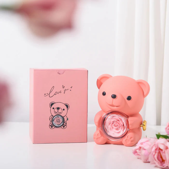 Collar de medalla grabado personalizado - Caja de oso y rosa eterna - Rosa