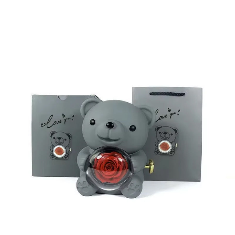 Collar de Corazón Grabado Personalizado - Caja de Oso y Rosa Eterna Púrpura