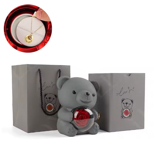 Collar de medalla grabado personalizado - Caja de oso y rosa eterna - Gris