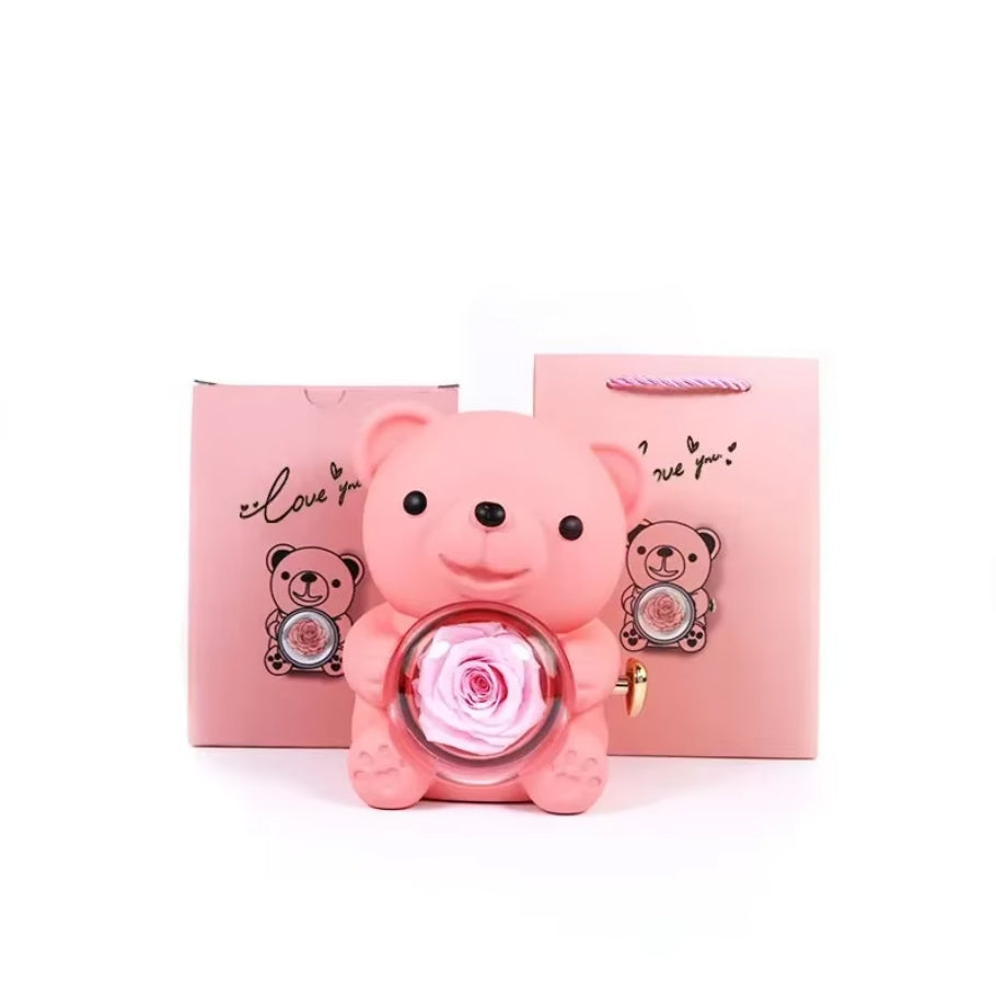 Collar de Corazón Grabado Personalizado - Caja de Oso y Rosa Eterna Púrpura