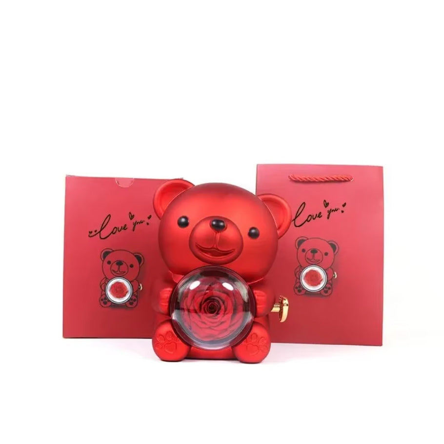 Collar de Corazón Grabado Personalizado - Caja de Oso y Rosa Eterna Púrpura