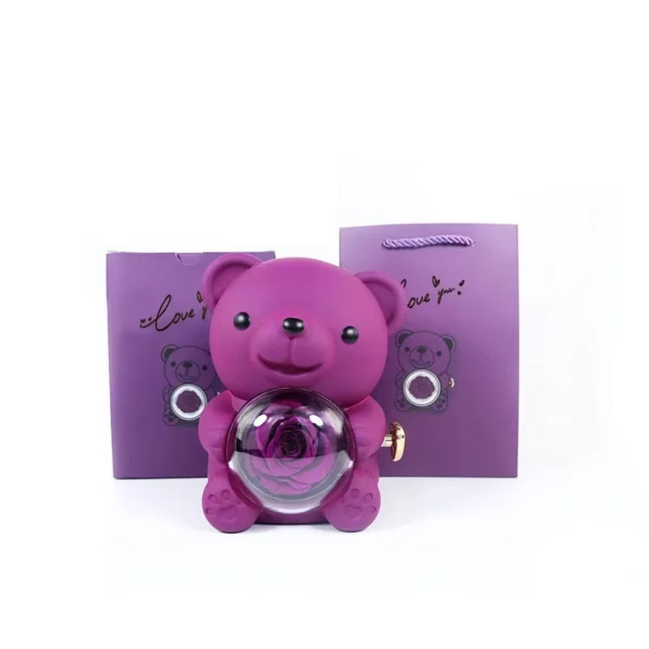 Collar de Corazón Grabado Personalizado - Caja de Oso y Rosa Eterna Púrpura