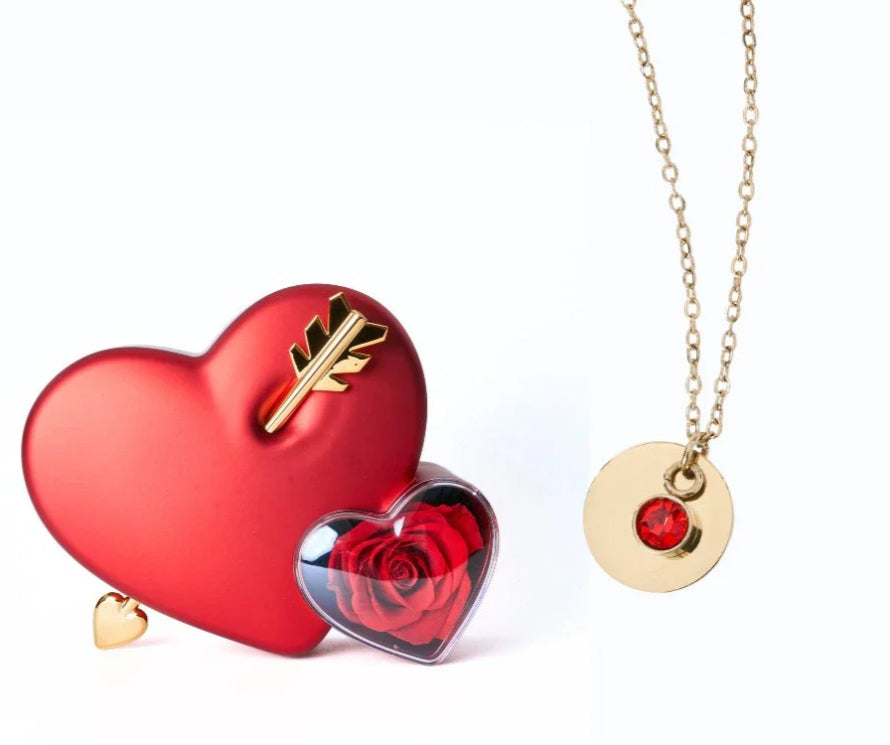 Coffret Collier Médaille gravure personnalisée - Coffret Coeur & Rose éternelle Rouge