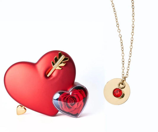 Caja para collar con medalla grabada personalizada - Caja con corazón y rosa eterna - Rojo