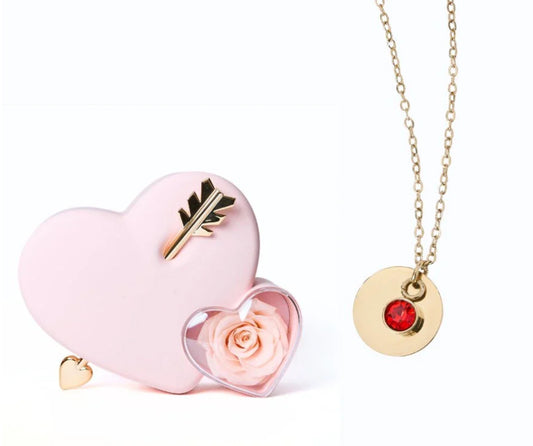 Caja para collar con medalla grabada personalizada - Caja con corazón y rosa eterna - Rosa