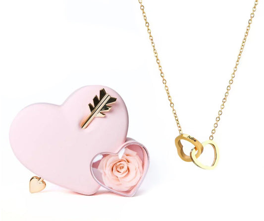 Personalized Engraved Heart Necklace Box - Heart & Eternal Rose Box - Pink