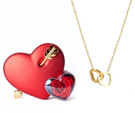 Personalized Engraved Heart Necklace Box - Heart & Eternal Rose Box - Red