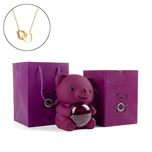 Collar de Corazón Grabado Personalizado - Caja de Oso y Rosa Eterna Púrpura