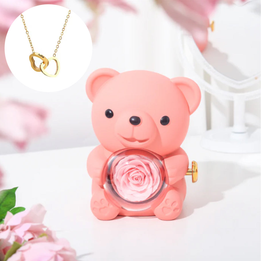 Collar de Corazón Grabado Personalizado - Caja Oso y Rosa Eterna - Rosa