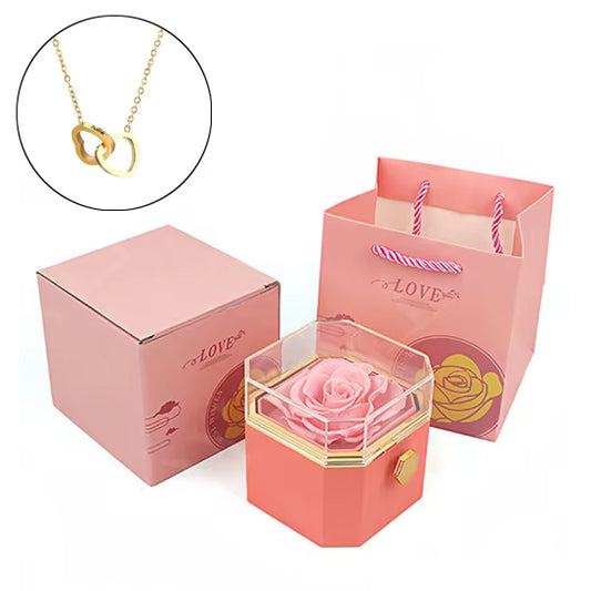 Caja de rosa eterna y collar con grabada - Rosa
