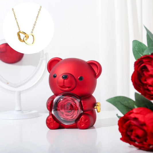 Personalized Engraved Heart Necklace - Bear & Eternal Rose - Red