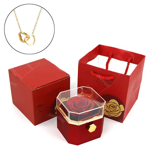 Caja de rosa eterna y collar grabado - Rojo