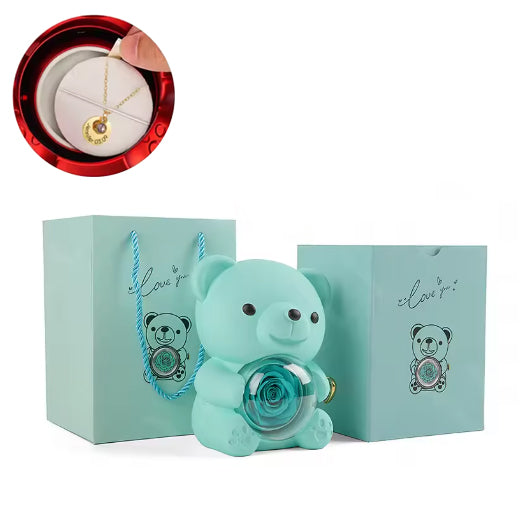 Collar con medalla grabada personalizada - Caja con oso y rosa eterna - Azul