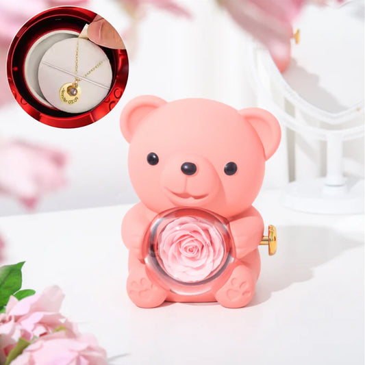 Collar de medalla grabado personalizado - Caja de oso y rosa eterna - Rosa
