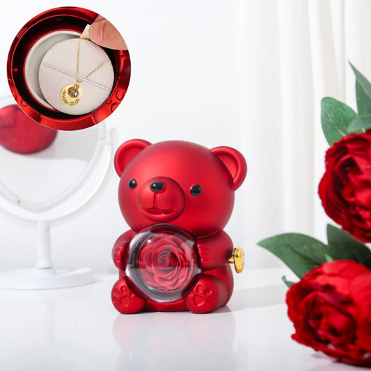 Collar de medalla grabado personalizado - Caja de oso y rosa eterna - Rojo
