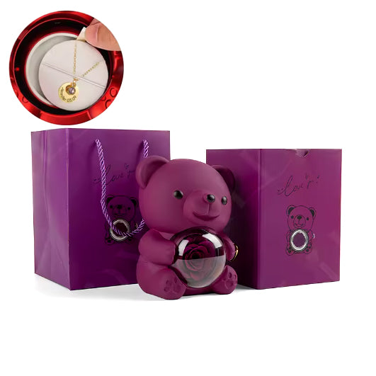 Collar con medalla grabada personalizada - Caja con oso y rosa eterna - Púrpura