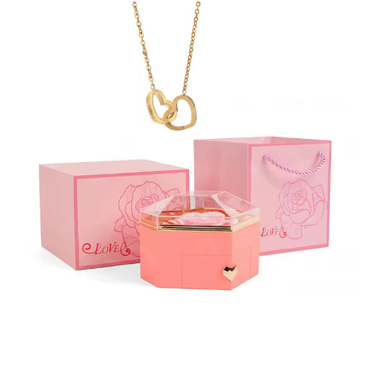 Collar con caja de corazón eterno y rosa grabada - Rosa